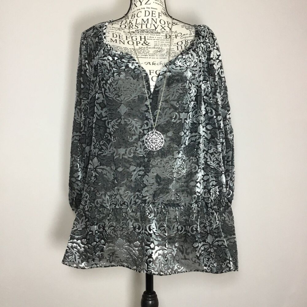 Grey velvet burnout v neck top floral feminine fairycore ethereal boho XXL